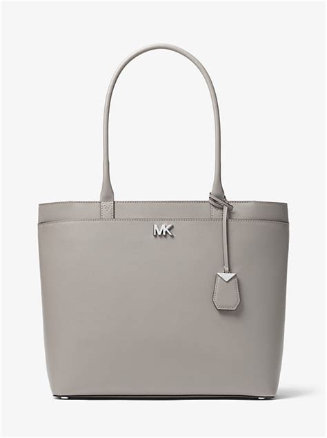 maddie large crossgrain leather tote michael kors pearl gray|Michael Kors Maddie Crossgrain Leather Tote .